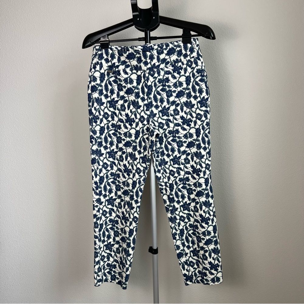 Premise Blue White Floral Pants High Rise Cropped Ankle Slim Leg Women M